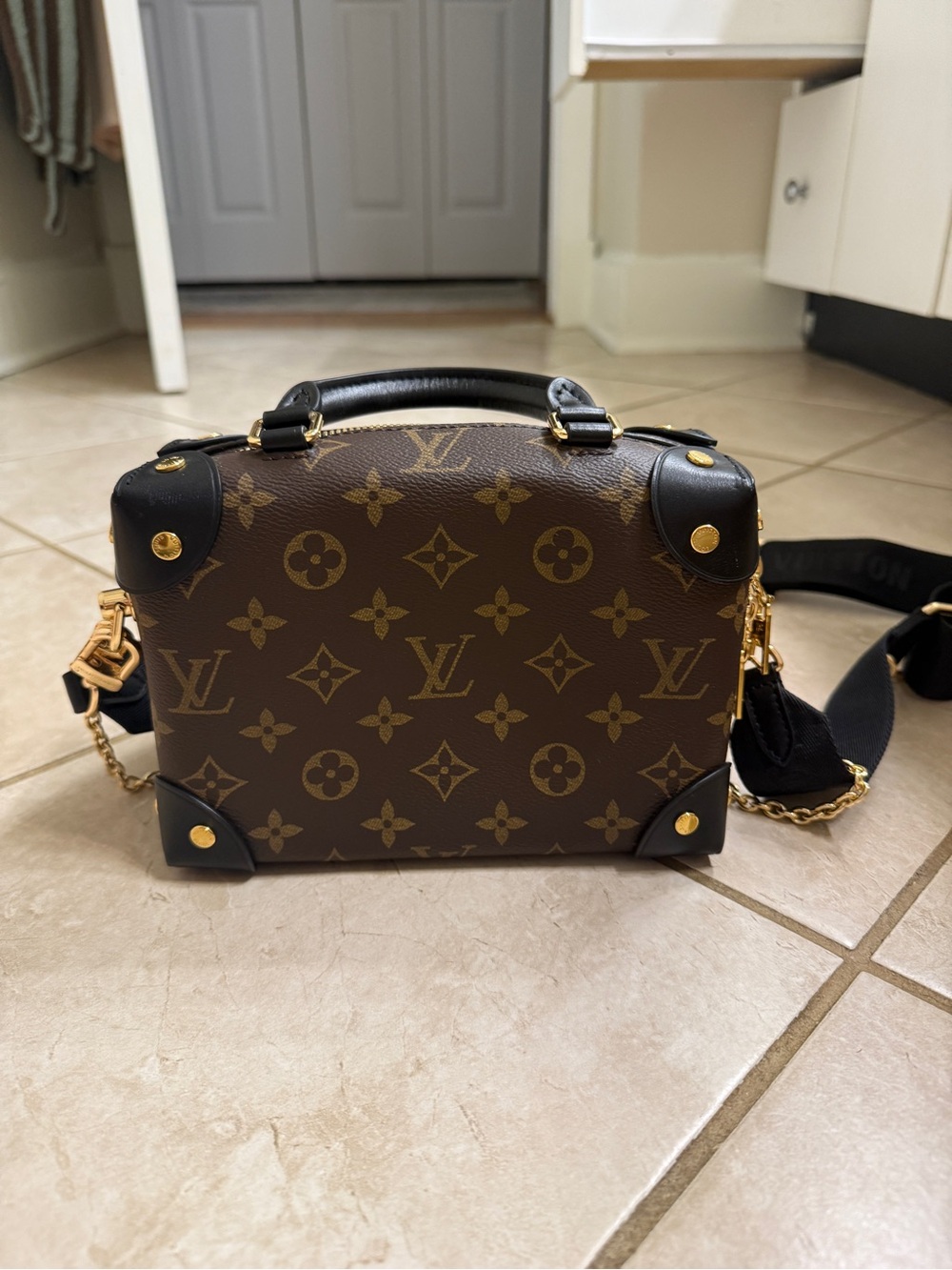 Louis Vuitton Monogram Canvas Brown Trunk Crossbody Bag with Black Trim